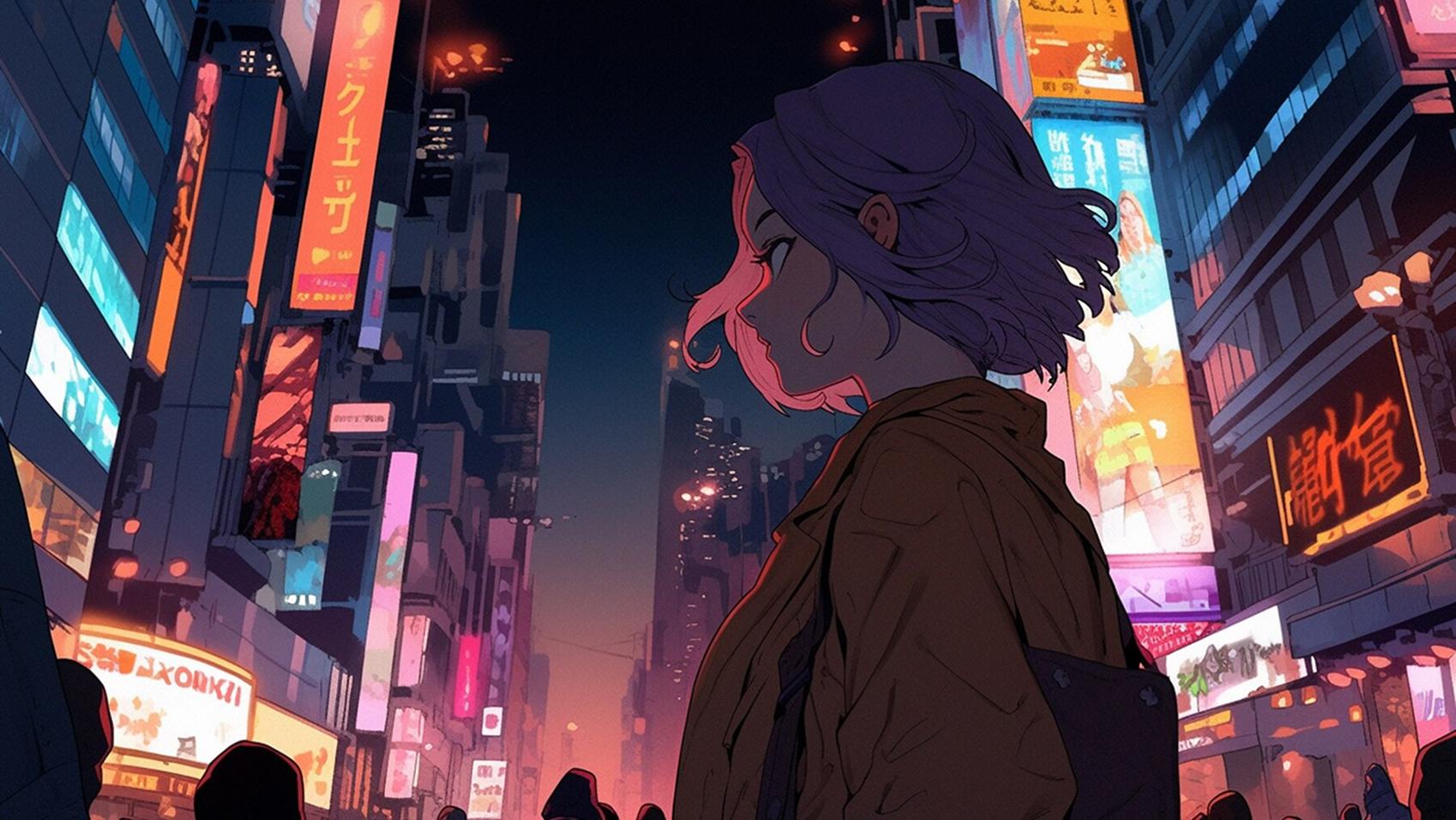 Chica de noche en la ciudad estilo anime