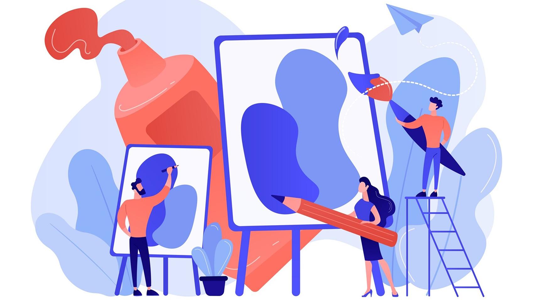 Ilustración flat personas pintando en lienzos grandes Artes creativas